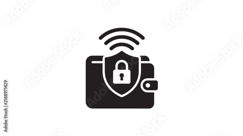 Digital Wallet Security Shield with Padlock and Signal Icon on White Background