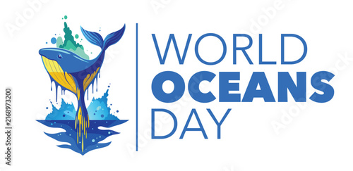 Whale illustration celebrates World Oceans Day with a vibrant blue and yellow aquatic design.