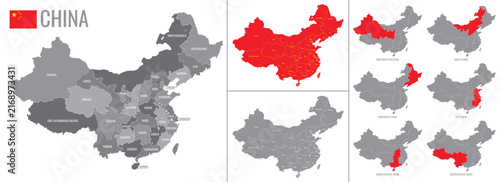 Detailed vector map of provinces of china with flag