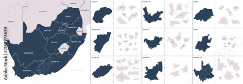 Vector color detailed map of South Africa with the administrative division of the country, each province is presented separately with high degree of detail and divided into districts