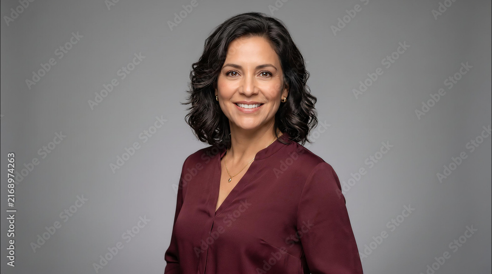 Obraz premium Confident mature woman with dark wavy hair and a maroon blouse smiles warmly against a soft neutral grey studio background