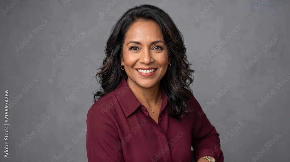 Obraz premium Confident middle aged woman with dark wavy hair smiling warmly while wearing a deep red blouse against grey background portrait