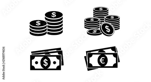 Vector illustration of collection of money icons including coins and banknotes on a transparent background