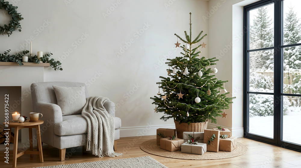 Fototapeta premium Decorated Christmas tree with wrapped gifts in a cozy living room with a snowy window view