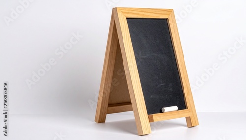Small wooden A frame tabletop blackboard sign with a piece of white chalk isolated on a plain white background