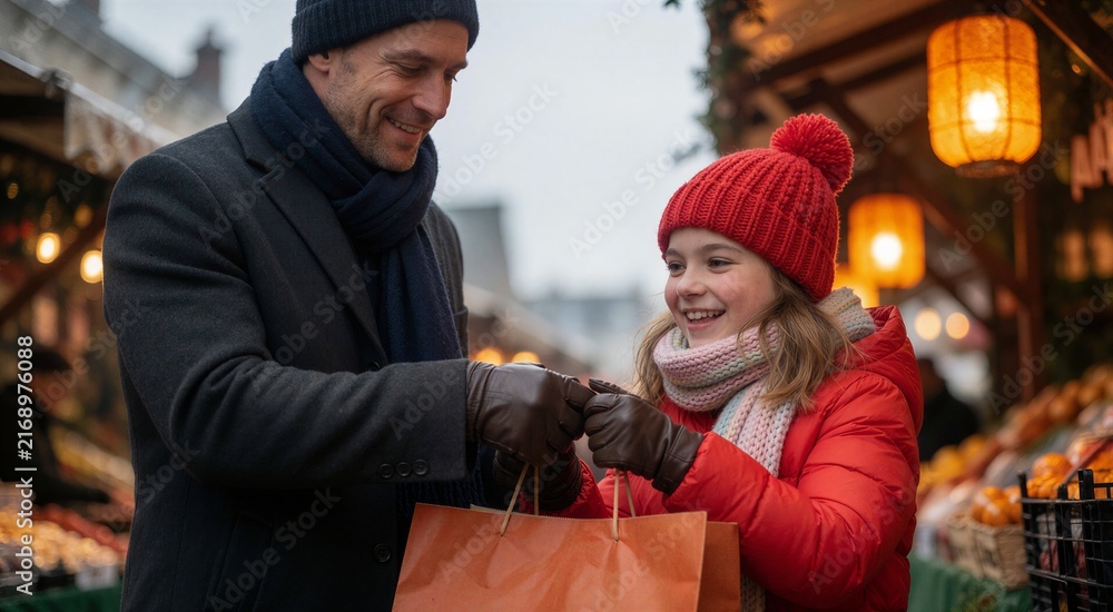 Obraz premium Father and daughter enjoying Christmas shopping together, holding orange bags in a festive outdoor market setting.