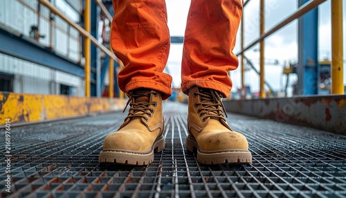 Close up of worker wearing brown safety boots and orange trousers standing on an industrial metal walkway
