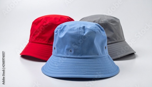 Red light blue and grey fabric bucket hats placed together isolated on a plain white background