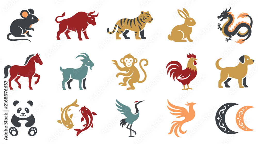 Fototapeta premium chinese zodiac animals and oriental symbols for new year.