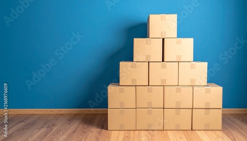 Stack of cardboard boxes arranged in a pyramid shape against a blue wall on wooden laminate floor