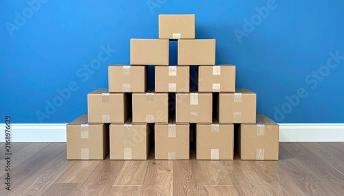 Stack of cardboard boxes arranged in a pyramid shape against a blue wall on wooden laminate floor