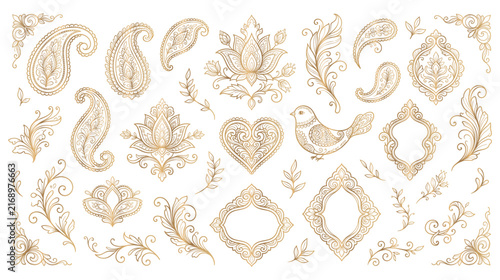 Golden paisley and lotus floral decorative ornament set.