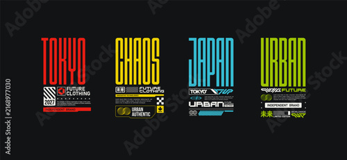 Futuristic prints set of streetwear typography. Editable cyberpunk apparel graphics with urban text compositions, tech fashion prints and modern branding elements 