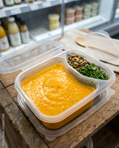 Frische Suppe mit separat verpacktem Topping