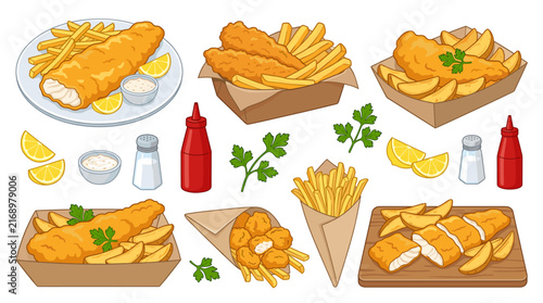 Foto Professional vector collection featuring different styles of fish and chips, cla