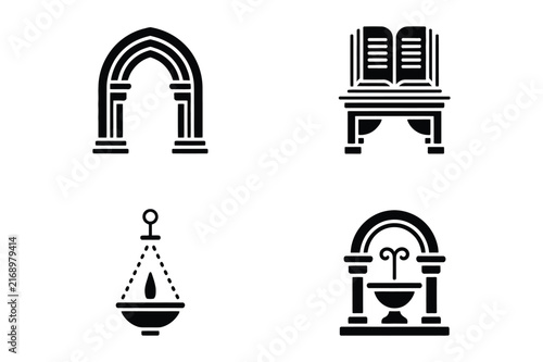 Sacred architecture and religious elements glyph symbols with scripture