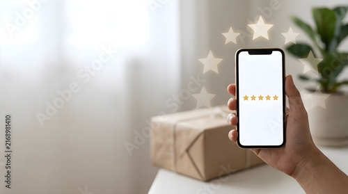 Hand holding smartphone with 5 star rating on screen for online product delivery review and customer satisfaction feedback.