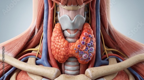 Detailed anatomical illustration of the human thyroid gland and surrounding structures