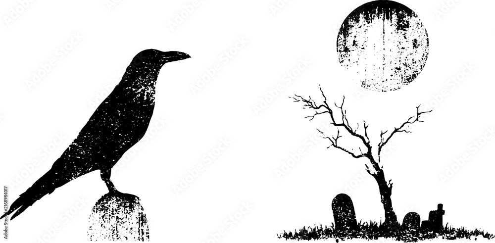 Naklejka premium Grunge black and white perched raven and graveyard stencil scene with moon and leafless tree for halloween poster background and haunting design use