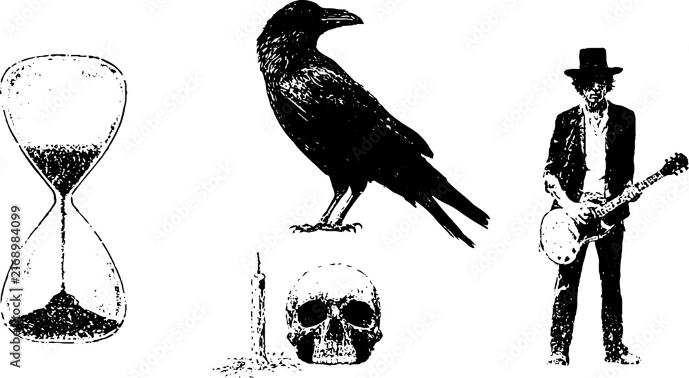 Naklejka premium Grunge black and white stencil set with raven hourglass skull candle and guitarist for halloween poster background and stencil design