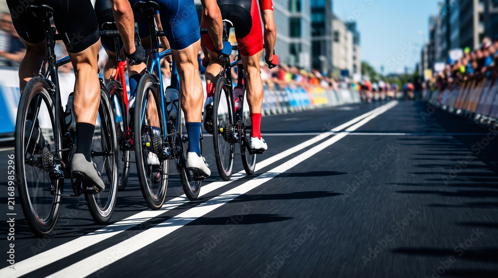Fototapeta premium Cyclists racing on city road. Group of professional man riding bicycle in competition. Motion blur of street in tournament. Speed, endurance and athletic outdoor sport activity concept.