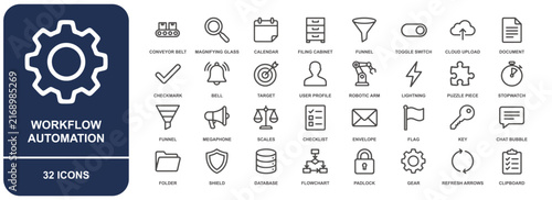 Workflow automation icon sheet featuring 32 line symbols including gears, robotic arms, checklists, and cloud uploads on a white background