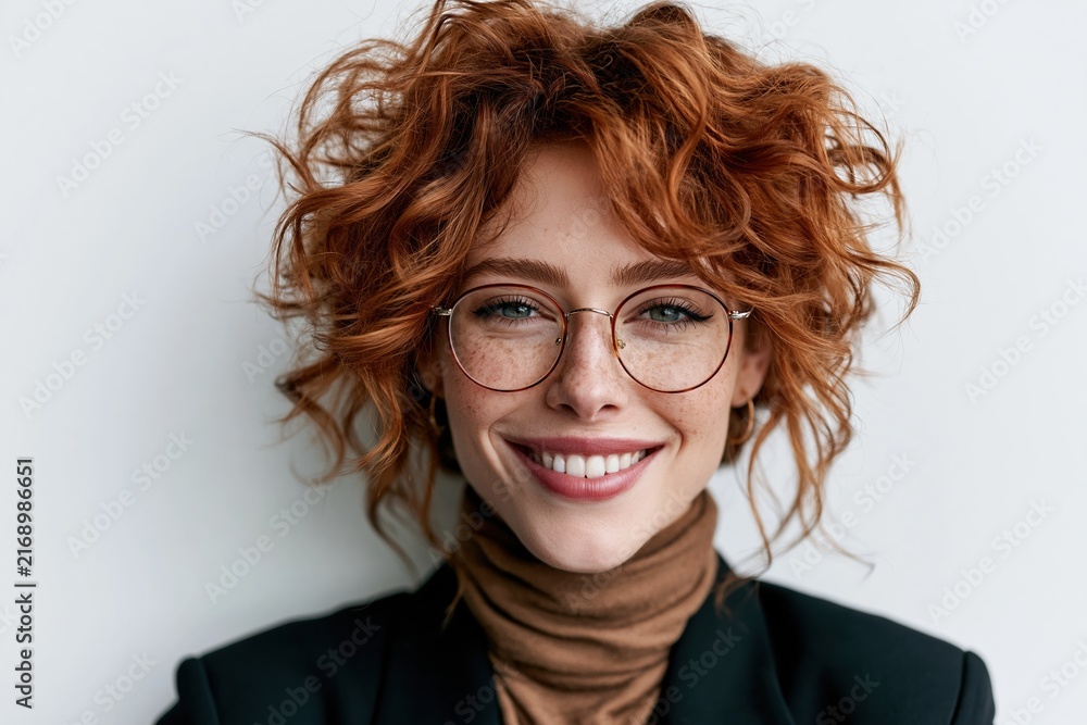 Obraz premium Smiling Redhead Woman with Glasses Portrait