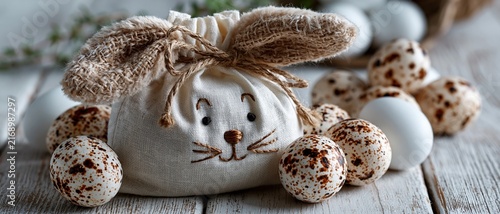 Easter Bunny Linen Pouch and Speckled Eggs