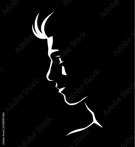 An illustration of a young man’s face against a black background.