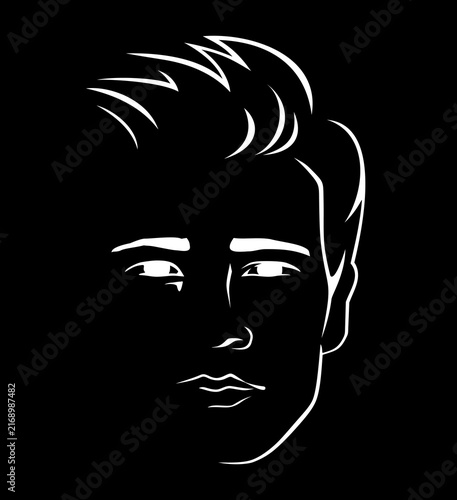 An illustration of a young man’s face against a black background.