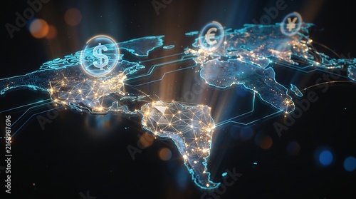 Global financial network map showing international currency symbols over digital world continents representing worldwide trade economy and electronic money transfer systems.