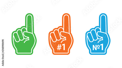 Three vibrant foam finger gloves featuring number one symbols in green orange and blue colors
