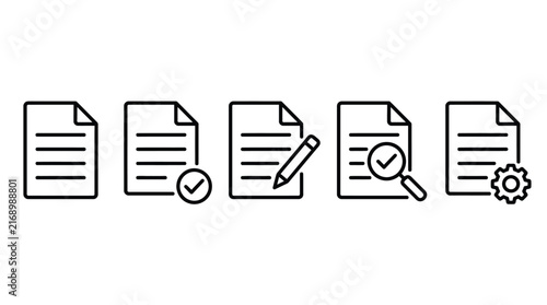 Simple black line document icons set with editing tools including check marks pencils and gears