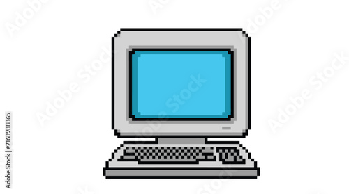 Retro desktop computer featuring bright blue screen displayed in detailed eighties style pixel art graphic design