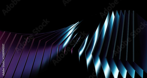 Abstract Twisted 3D Wave Render, Glowing Cyan Purple Neon Slats, Futuristic Glass Plate Spiral – Dynamic curving array of glossy metallic fins catching vibrant light reflections.