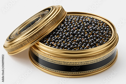 Caviar presented in an elegant round tin with a gold lid
