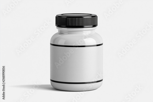Container with blank label sits on plain background with soft shadow