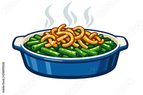 Steaming green bean casserole with crispy topping