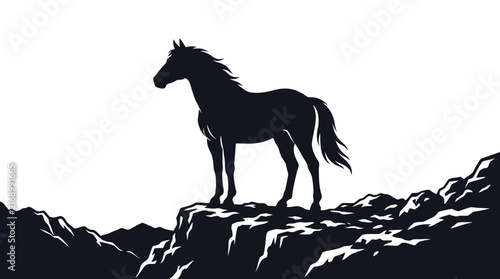 Canvas Print Majestic black horse silhouette standing on a rocky mountain cliff overlooking a
