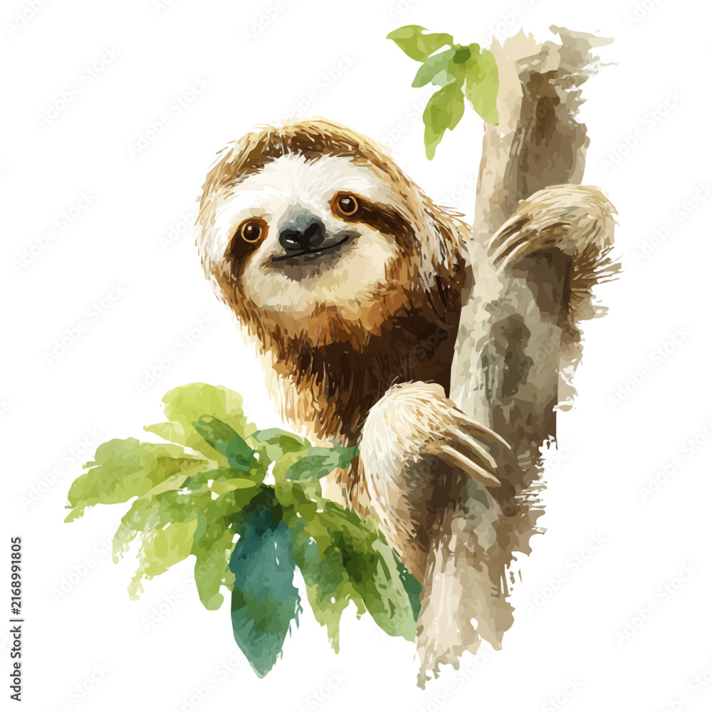Obraz premium Sloth watercolor vector illustration, high-quality artwork isolated on a pure white background.