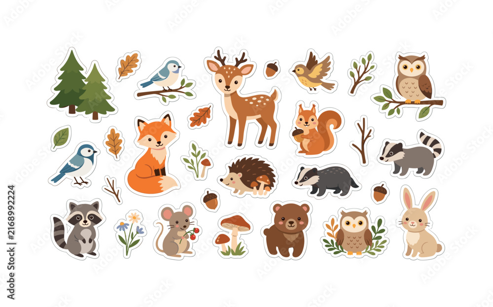 Obraz premium Cute forest animals sticker set with woodland creatures and autumn leaves