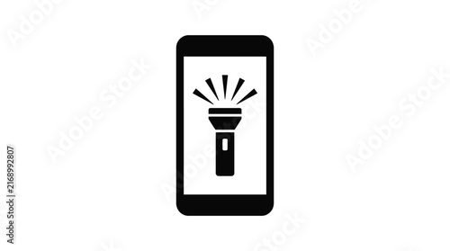 Minimalist black smartphone icon featuring a bright glowing flashlight symbol centered on a crisp clean white digital screen display interface