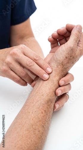 A medical professional gently checks a patient's pulse on their wrist. The patient's arm shows signs of aging, with freckles and wrinkles, while the medical professional's hands are smooth and caring