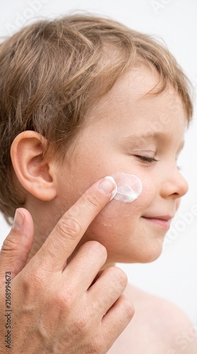 A close-up shot of a child's face as a hand applies sunscreen. The child has fair skin and is smiling gently with eyes closed, suggesting a pleasant experience