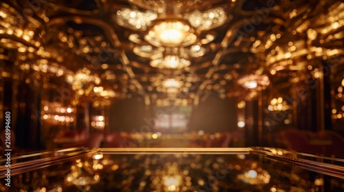 Empty glossy table counter top with blur golden bokeh chandelier lights background