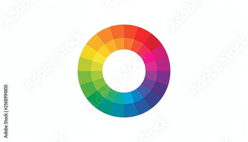 A minimalist graphic of a vibrant circular color wheel chart with a hollow center, displaying a complete multi-shaded spectrum of hues isolated against a perfectly clean, solid white background