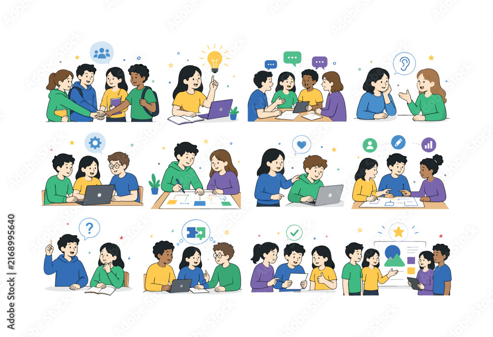 Fototapeta premium Student Collaboration Skills. Teamwork, group projects, communication, discussion, ideas, technology, cooperation, support, classrooms, and learning communities. 12 minimalist editorial vector scenes: