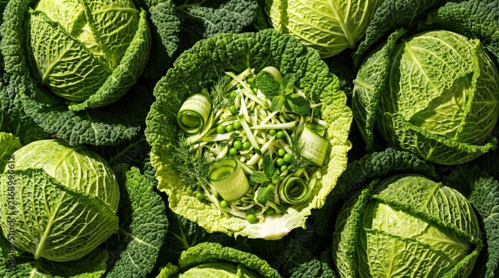 Fototapeta premium Fresh, vibrant green salad crafted within a Savoy cabbage leaf bowl, surrounded by whole cabbages. This highlights healthy eating, natural ingredients, and sustainable plant-based nutrition.