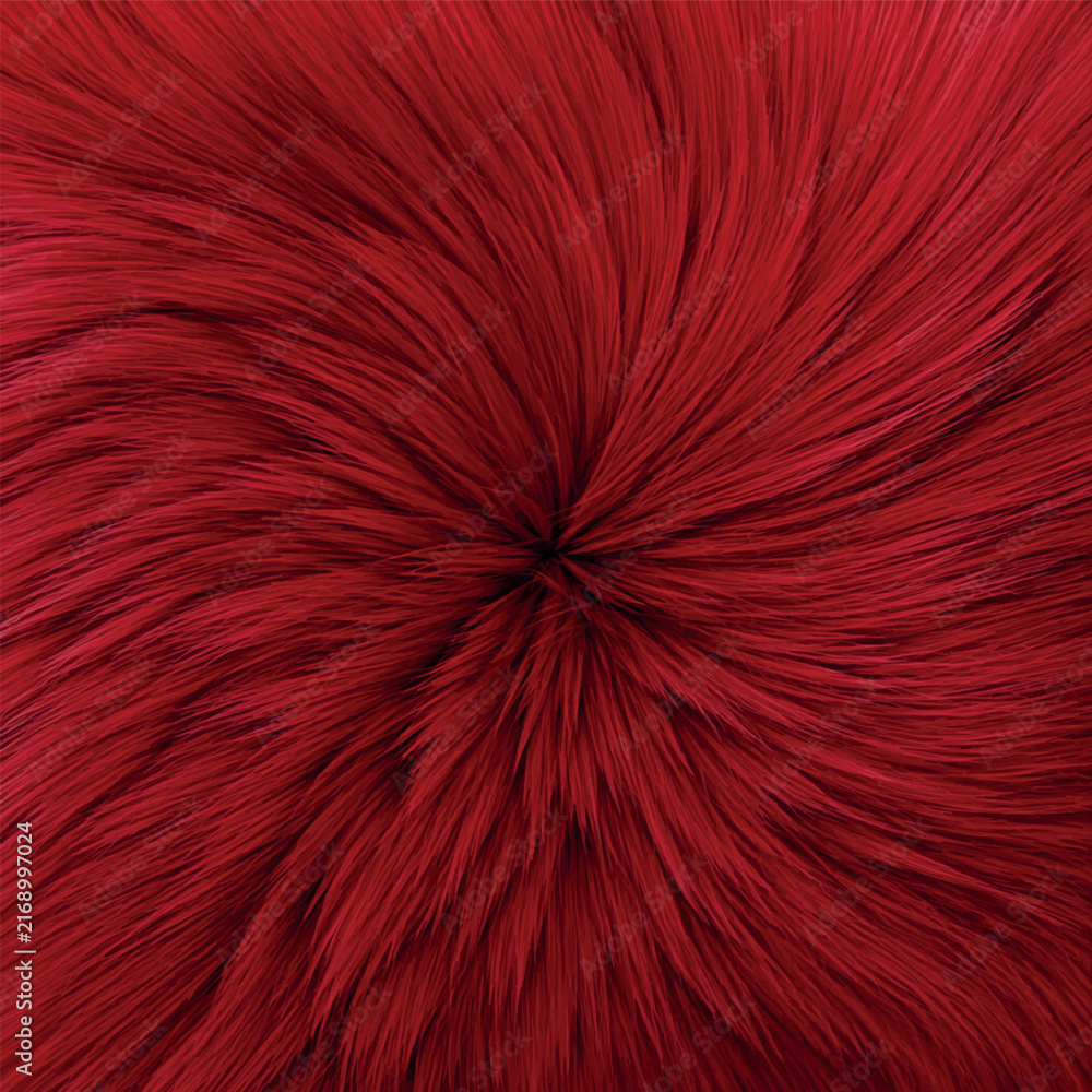 Fototapeta premium Red stylish fur textured swirl background. Detailed soft animal hair spiral pattern for fashion, textile design, luxury apparel, holiday concepts, and creative graphic projects.