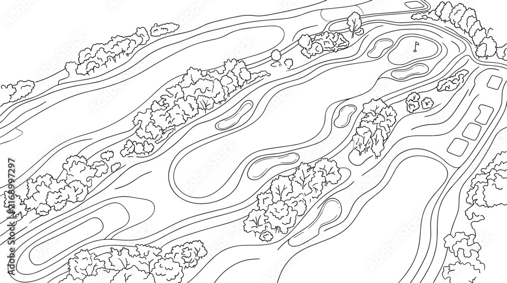 Fototapeta premium Aerial view of a golf course layout line art illustration